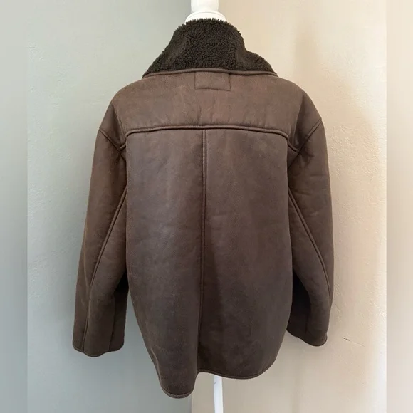 ZARA DOUBLE-FACED BROWN FAUX SHEARLING LAPEL FUR COLLAR, AVIATOR JACKET - Picture 3 of 6